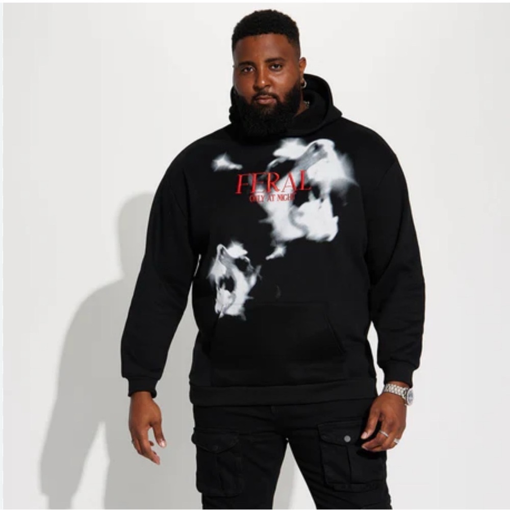 Fashion Nova Men’s Feral By Night Hoodie - Black Graphic Hoodie. 3XXXL